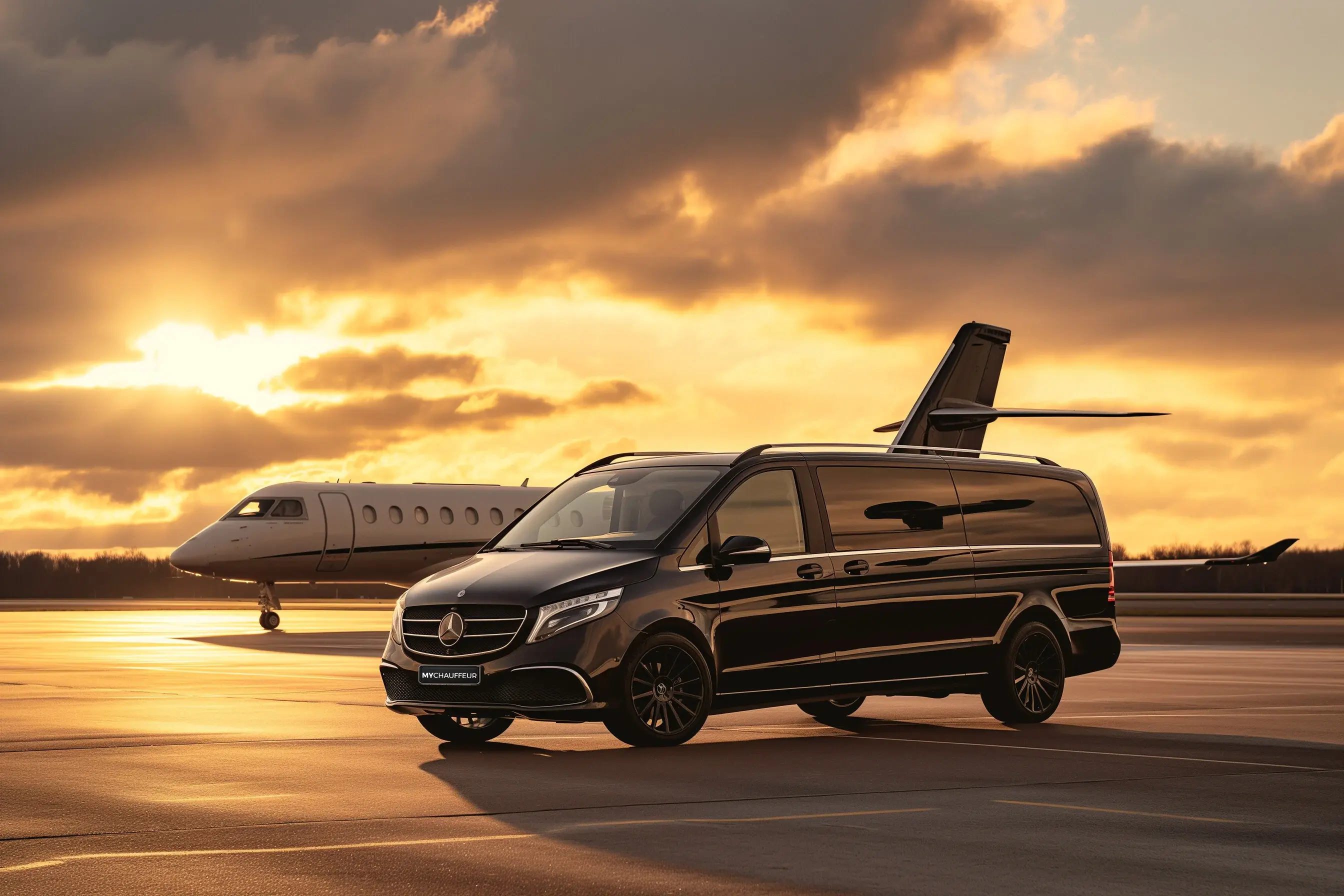 Mercedes Van wartet vor einem Jet auf einen Gastam Düsseldorfer Flughafen