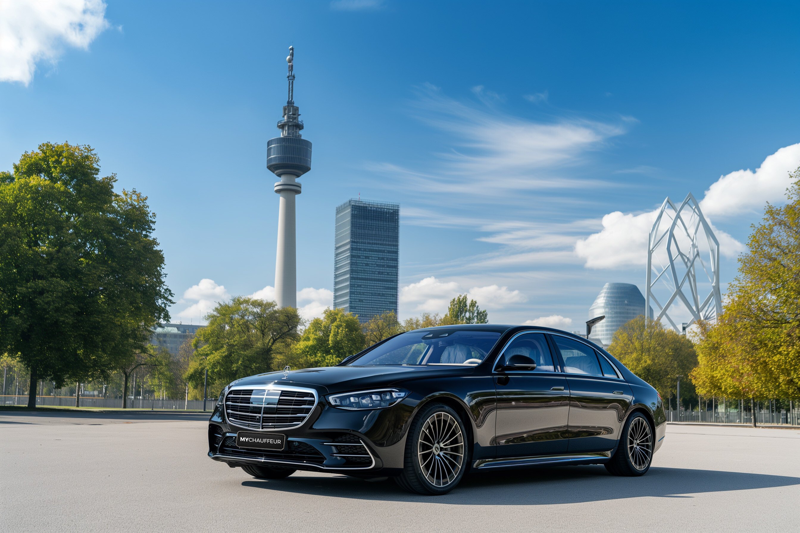 Mercedes S-Klasse von MyChauffeur in München vor dem Olympiaturm